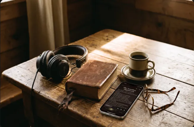 Headphones, a worn leather Bible and a phone playing a chapter on a sunlit kitchen table