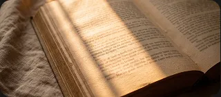 An open Bible with sunlight falling across the page