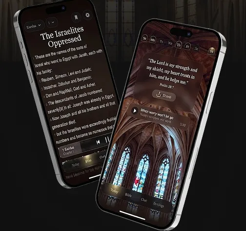 Two phones showing a narrated chapter of Exodus and the verse of the day