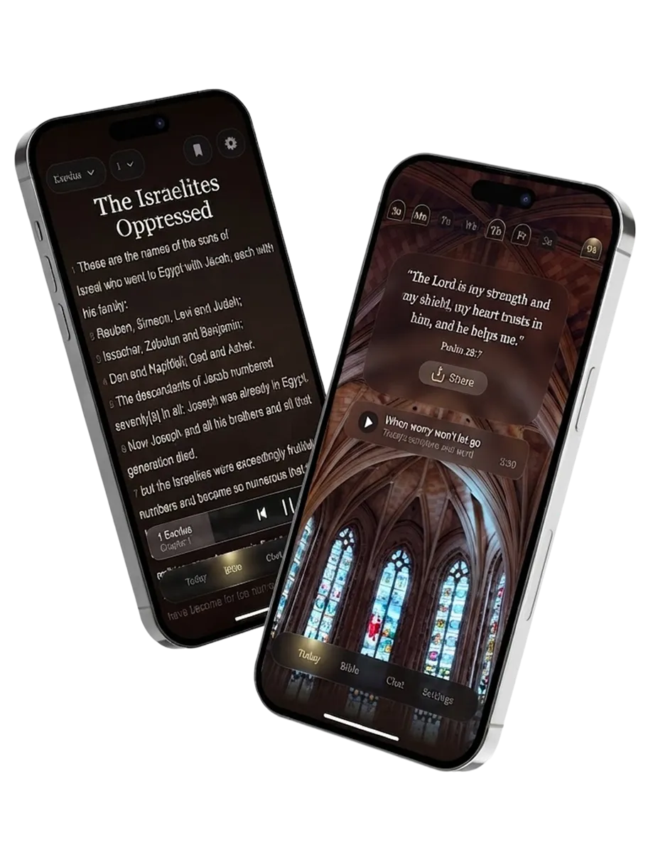 Two phones showing a narrated chapter of Exodus and the verse of the day