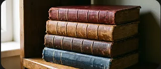 A stack of old leather-bound books on a windowsill
