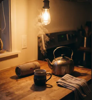 A kettle steaming on a kitchen table beside a phone