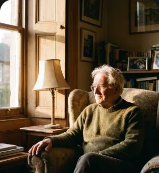 Peter sitting in an armchair by the window