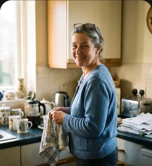 Ruth drying a mug in her kitchen